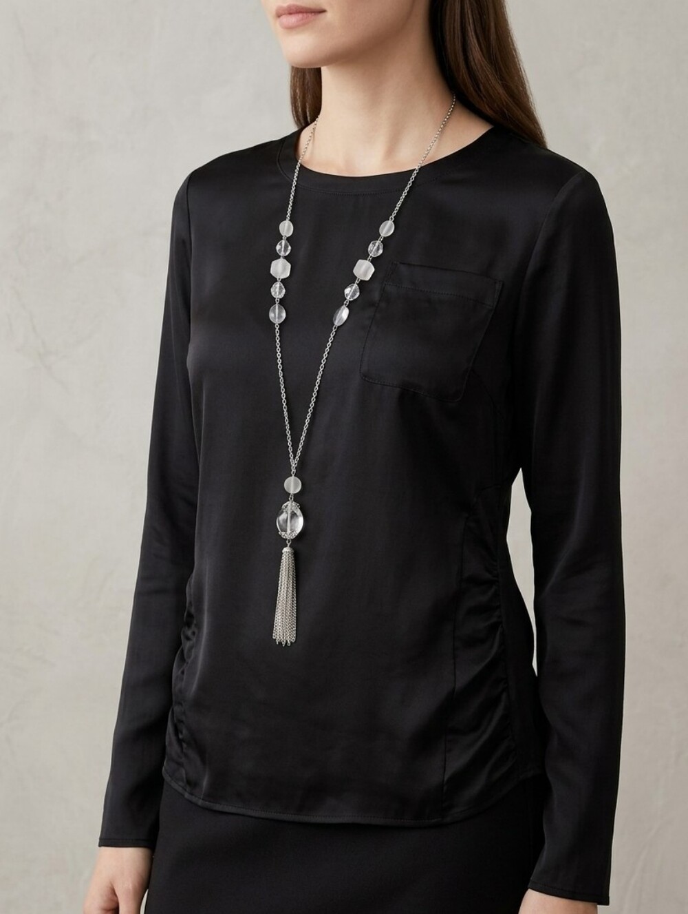 White stones Long chain w/ tassel Necklace 48"